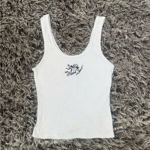 Hollister White Ribbed Tank with Cherub Embroidery